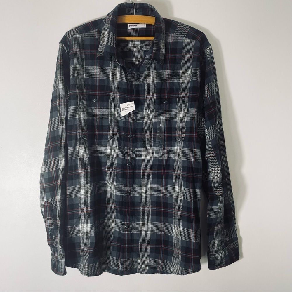 Sonoma The Super Flannel Black, Red, White & Blue Cotton Shirt Size L NWT